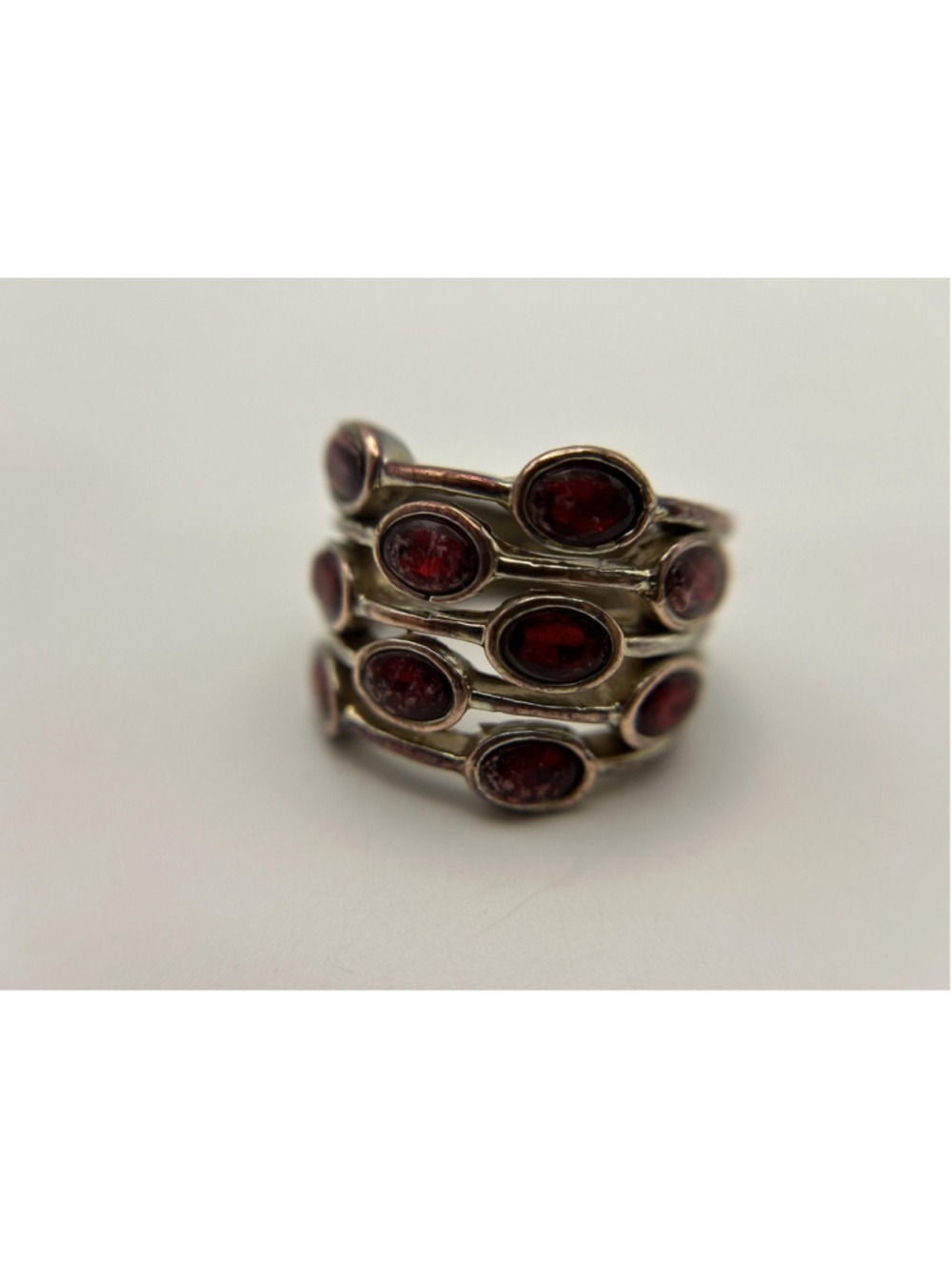 Ring Silver Tone Red Stone Multi Row Band Cocktail Statement Size 10 Ring